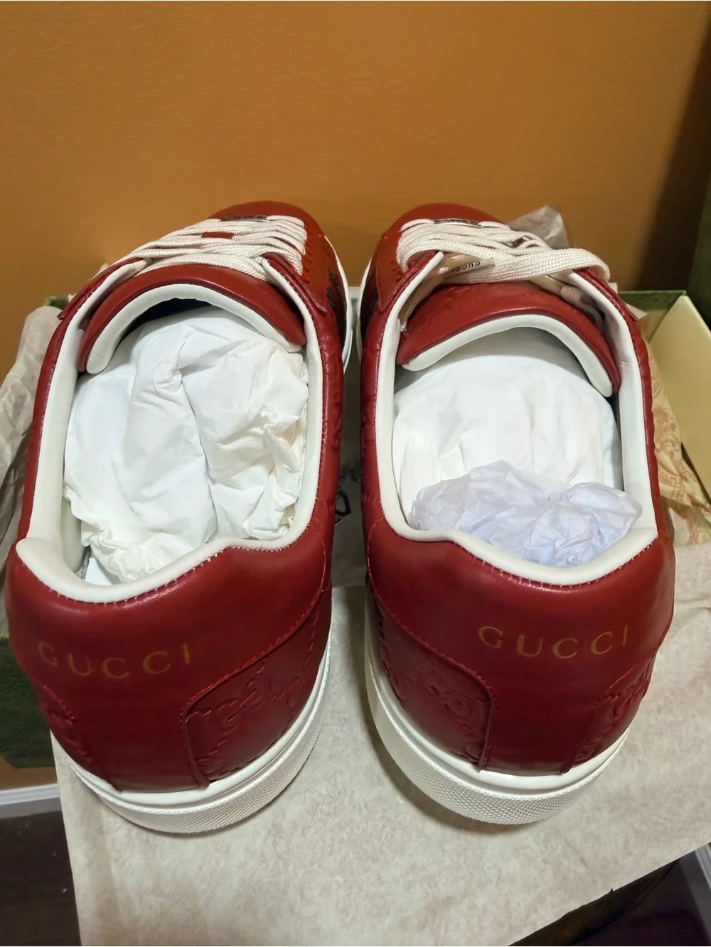 Gucci Red Leather ACE Sneakers with White Laces
